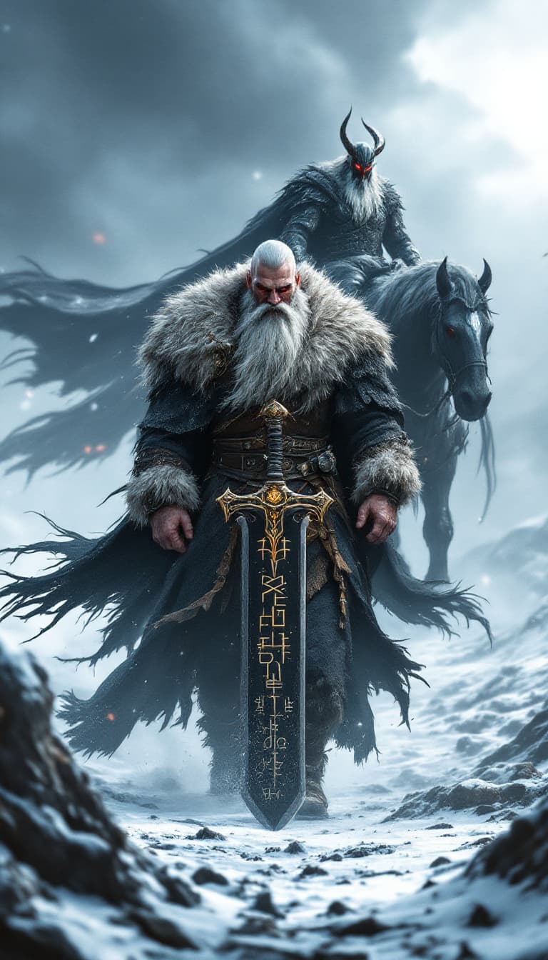 AI generated: An ultra-realistic, zoomed out, front facing full-body portrait of a towering Berserker, his fur-lin...