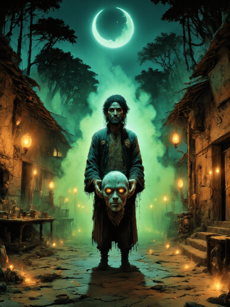 AI generated: A powerful Indian sorcerer from the 1800s, holding his own severed, living head in his hands, the he...