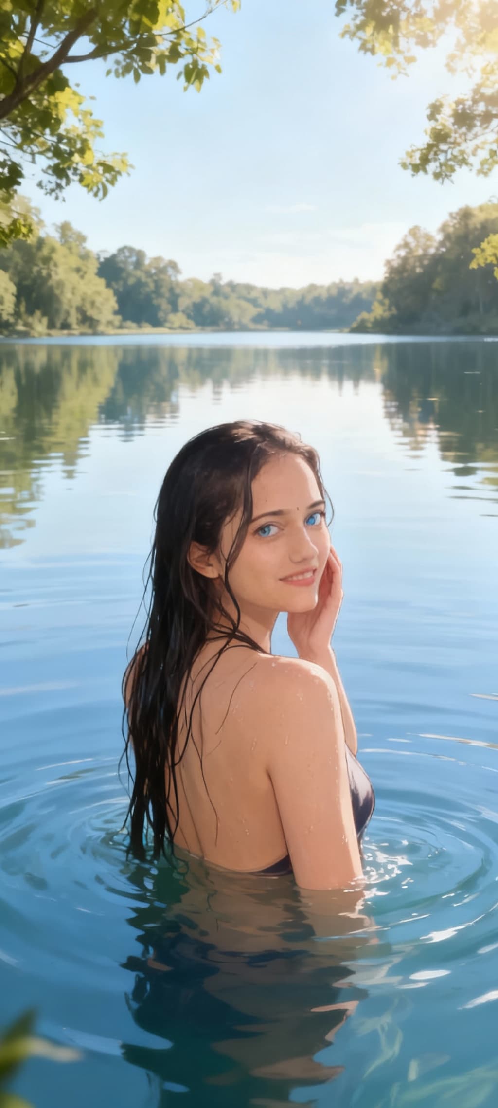 AI generated: 
The uploaded woman stands in a serene lake, her back to the viewer, looking over her shoulder with ...