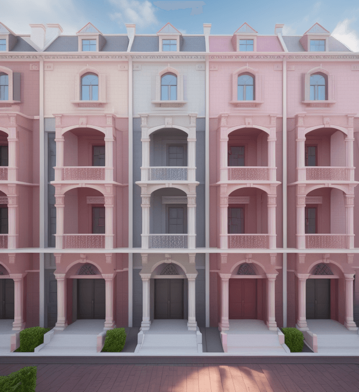 AI generated: architectural render of barbie townhouse, ultra HD 8K ultra realistic view of the facade with a cros...
