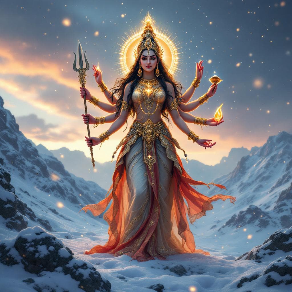 AI generated: “Create an 8K ultra-realistic, full-body portrait of Devi Durga standing in a majestic snow-covered ...