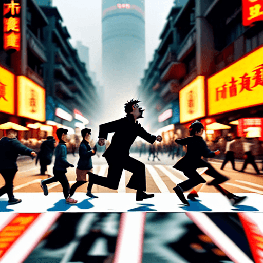 AI generated: A madman is chasing people on the street in China , cartoon, people are escaping, 8k