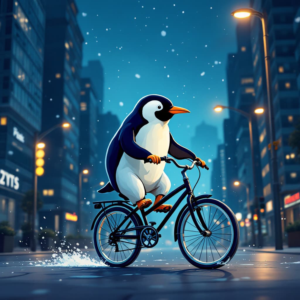 AI generated: penguin riding a bike in the city at night
