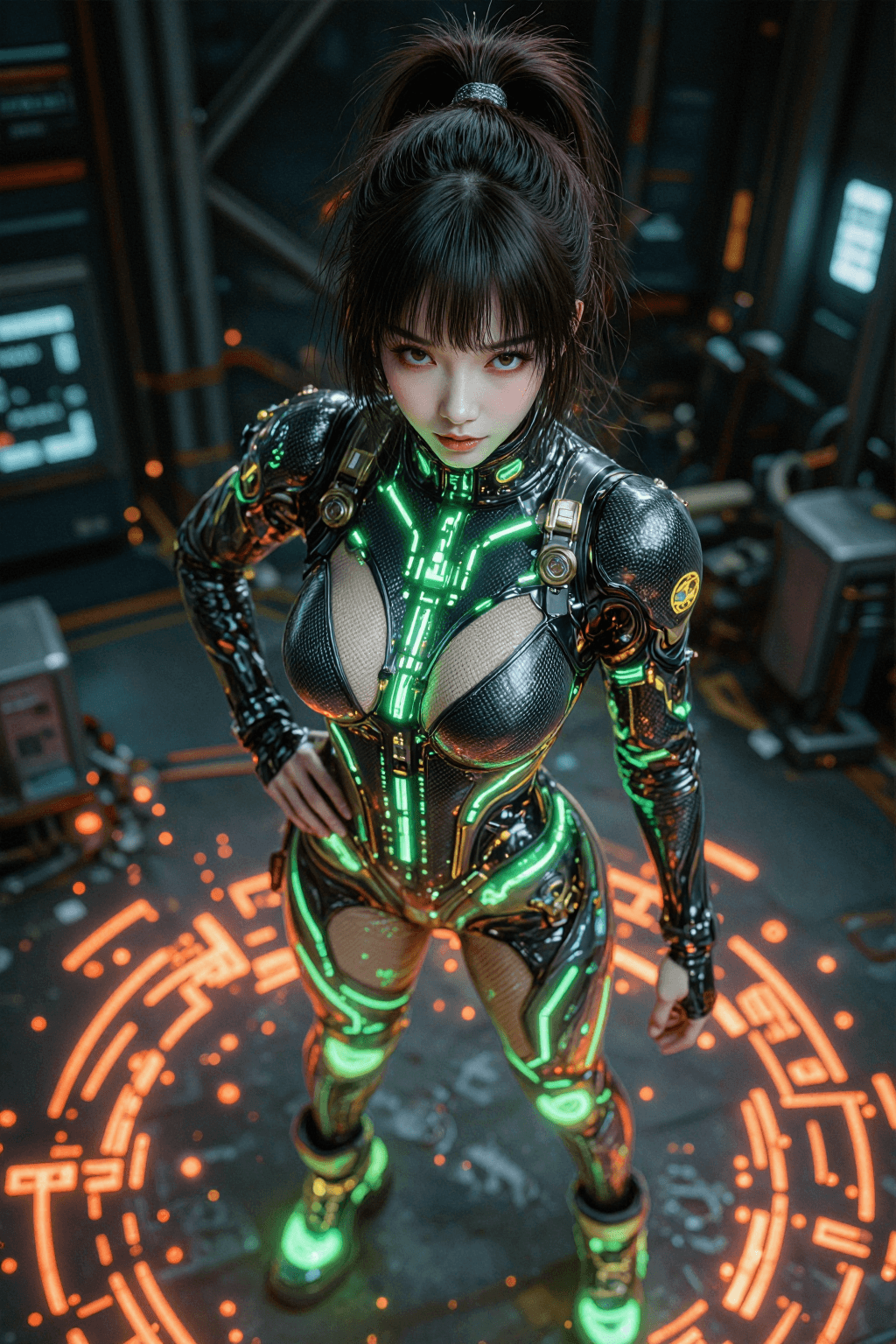 AI generated: This is a sleek and high-tech character portrait of a futuristic female warrior, captured with an in...