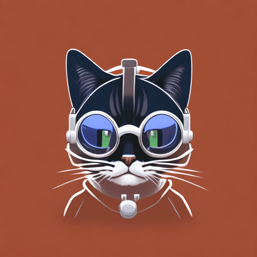 AI generated: High quality logo of tech cat from future, wearing eye patch and headphone on its ears. smooth curve...