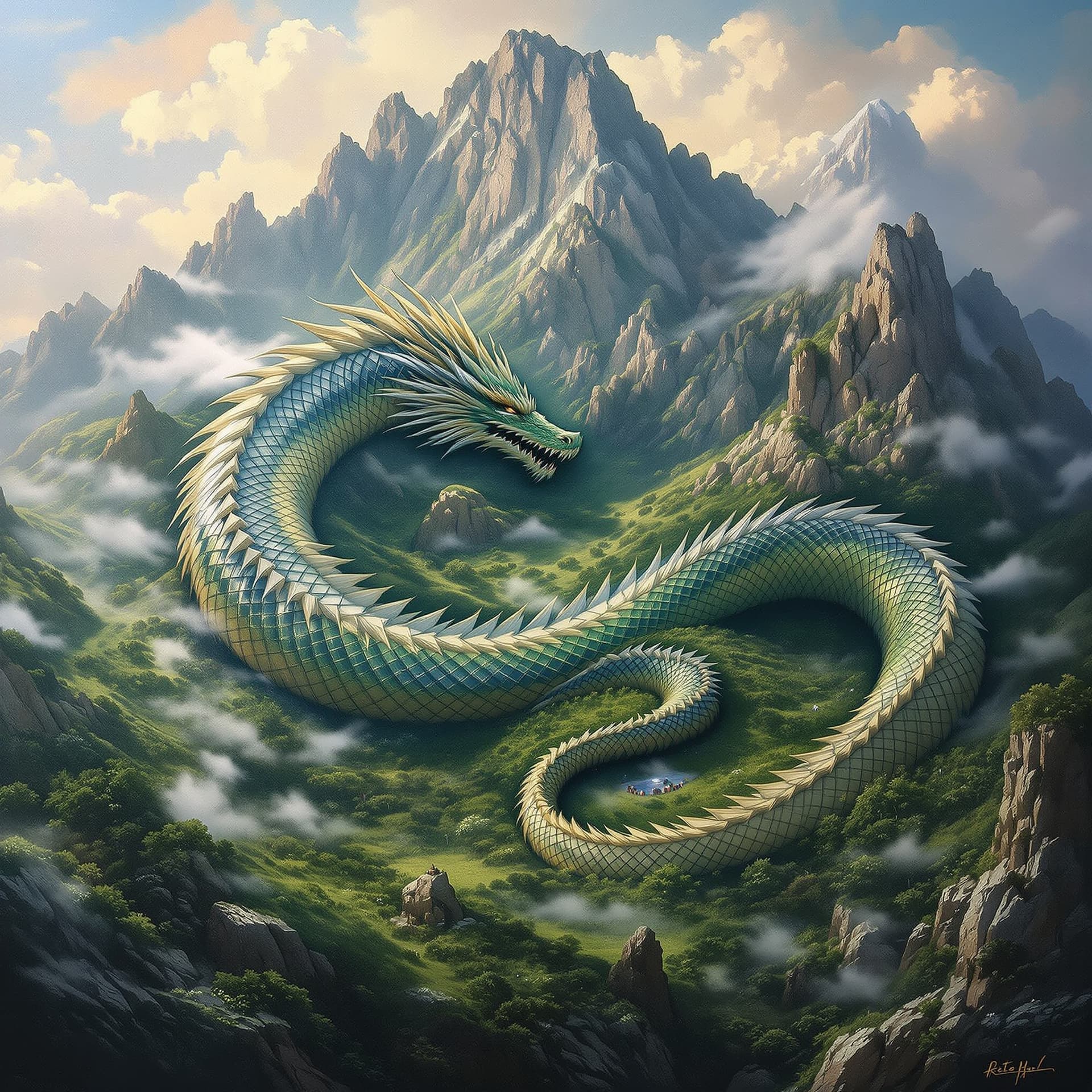 AI generated: A breathtaking acrylic painting featuring a majestic mountain whose contours and ridges form the sha...