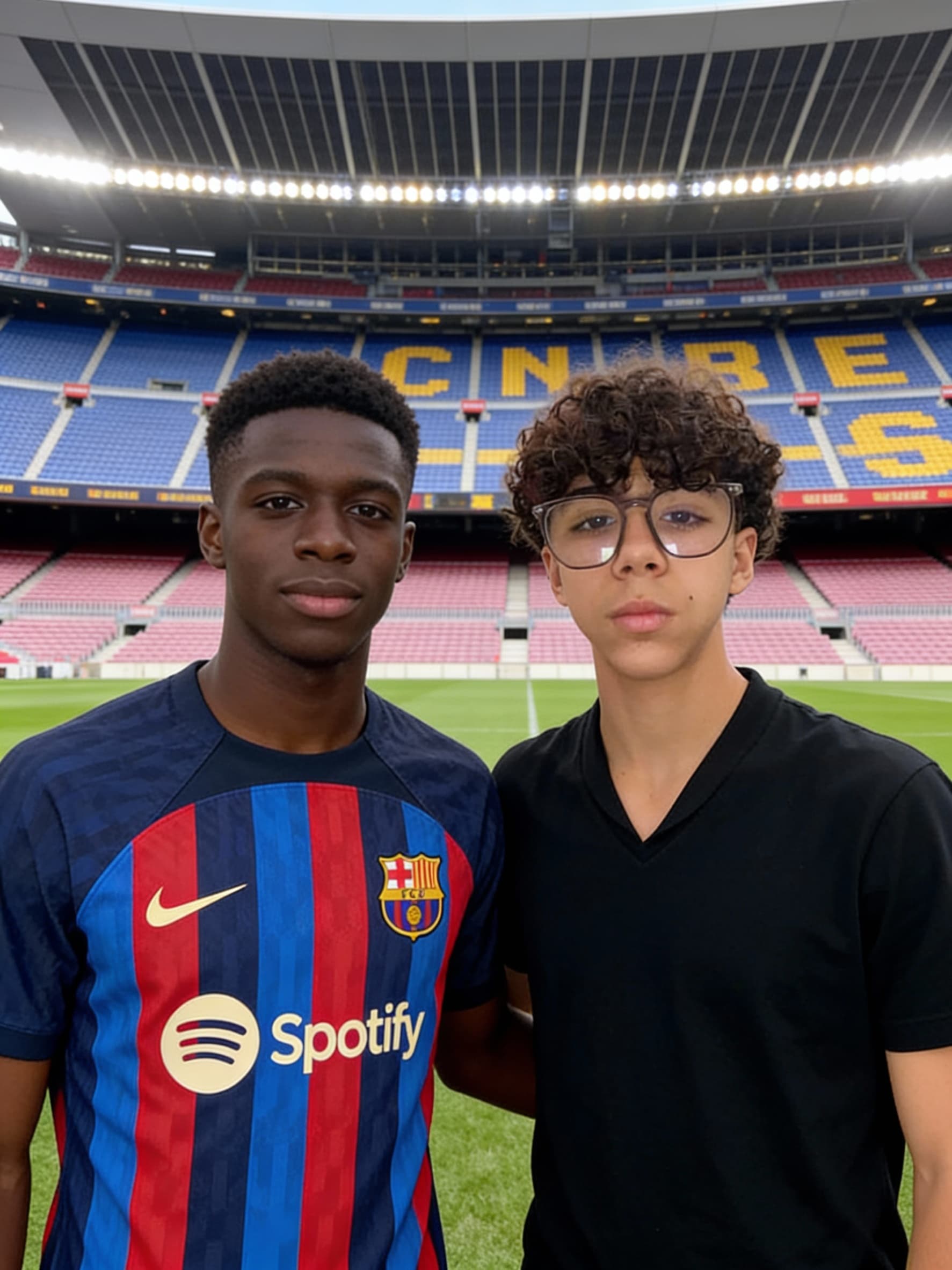 AI generated: put me with lamine yamal in campno and  i waere a barcelona kit in 2k photo
