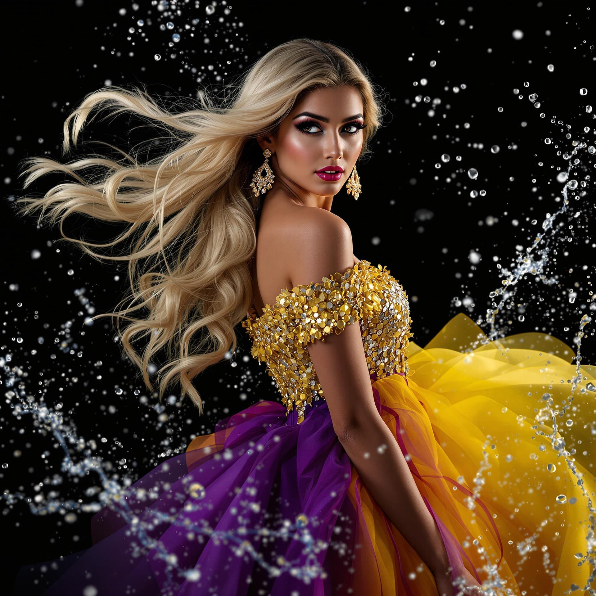 AI generated: 
In an elegant and dynamic pose, an Indian woman gazes over her shoulder with confidence. Her flowin...