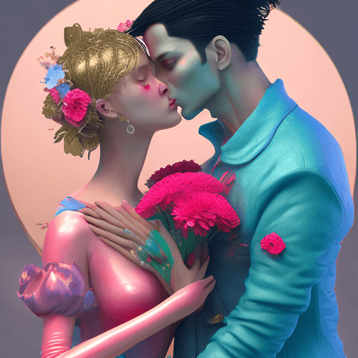 AI generated: a couple hugging and kissing with pink flowers, in the style of cyberpunk futurism, gold and azure, ...