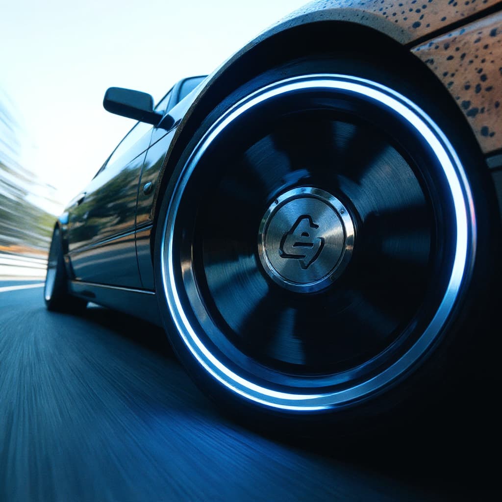 AI generated: replace the center of the wheel with a clean metallic badge containing the minimal logo, perfectly a...