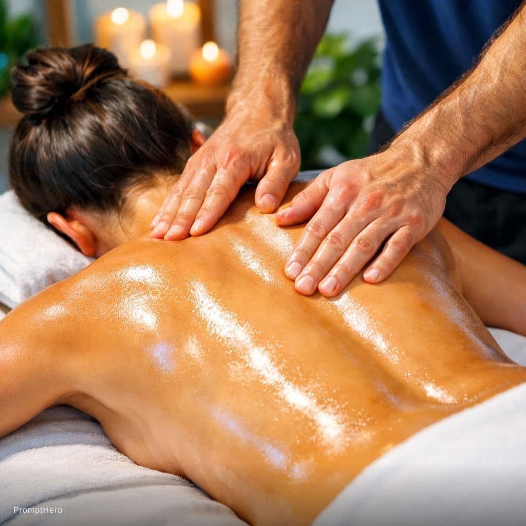 AI generated: take a photo of a massage, which shows a woman's back and the hands of a male masseur giving a back ...