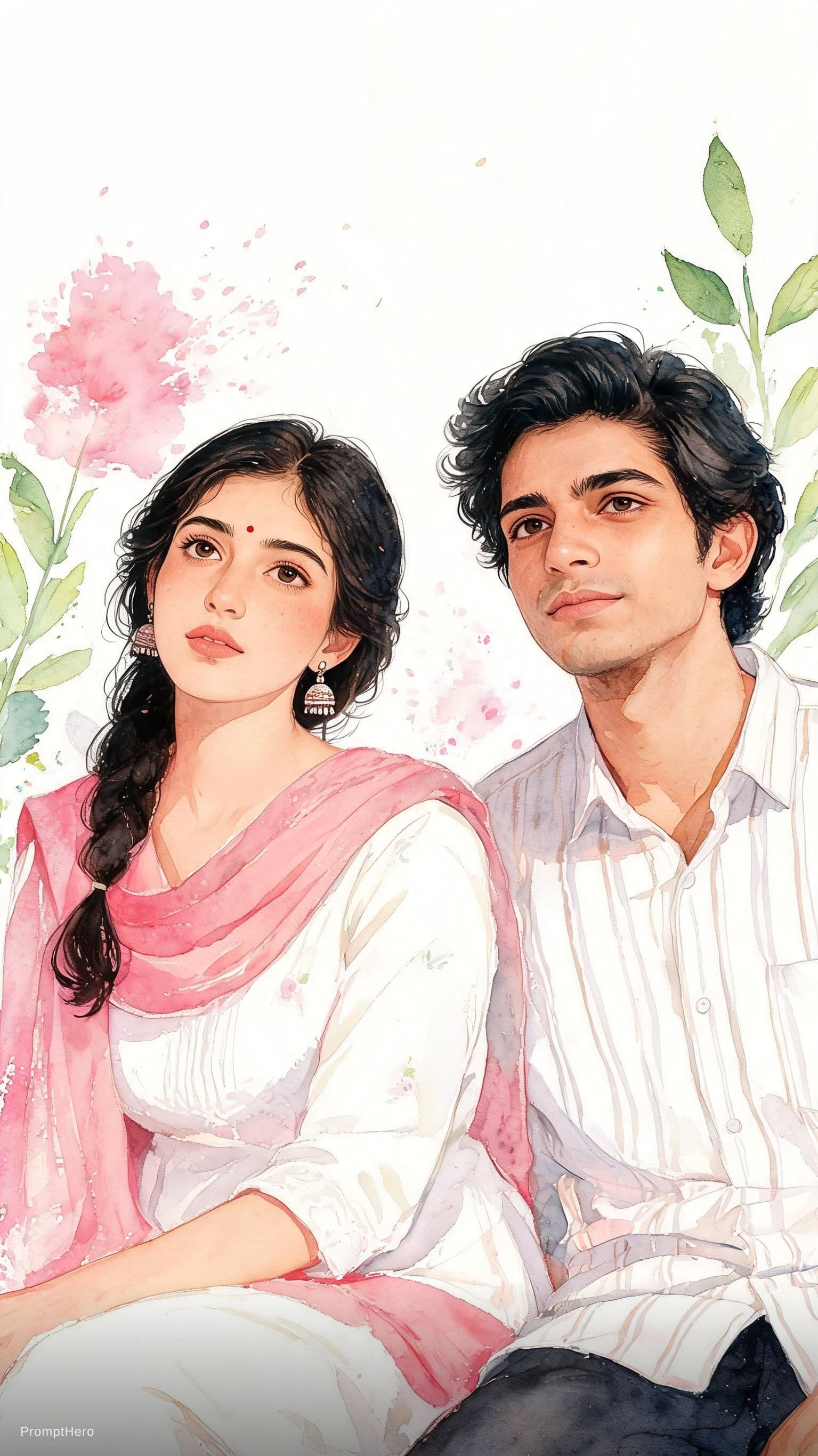 AI generated: Watercolor-style portrait of a young Indian couple sitting gracefully in a white outfit with a pink ...
