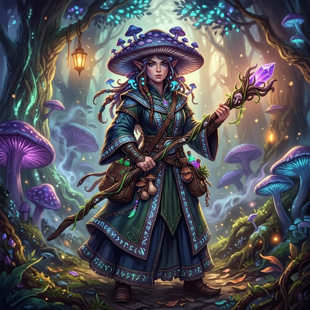 AI generated: A female psilocybin mushroom person witch with beautiful face and features, holding a two handed sta...