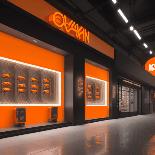 AI generated: High resolution photography facade design, youth based retail store, Orange highlights, watch store,...