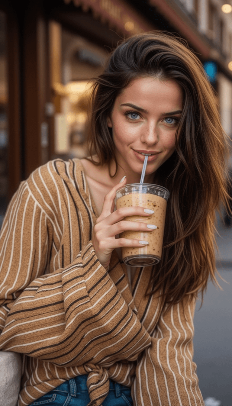 AI generated: A woman sitting outdoors, sipping a drink from a transparent cup with a straw, wearing a brown strip...