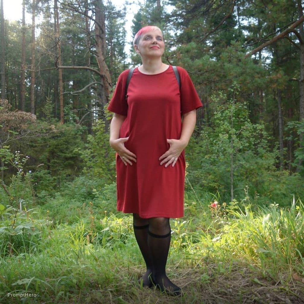 AI generated: photorealistic, all body, full body, 40 year old woman, red bikini, black stockings