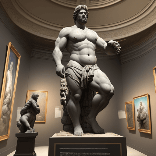 AI generated: a man greek statue in museum, large bear,  high detail. fractal details, depth of field, HOF, hall o...