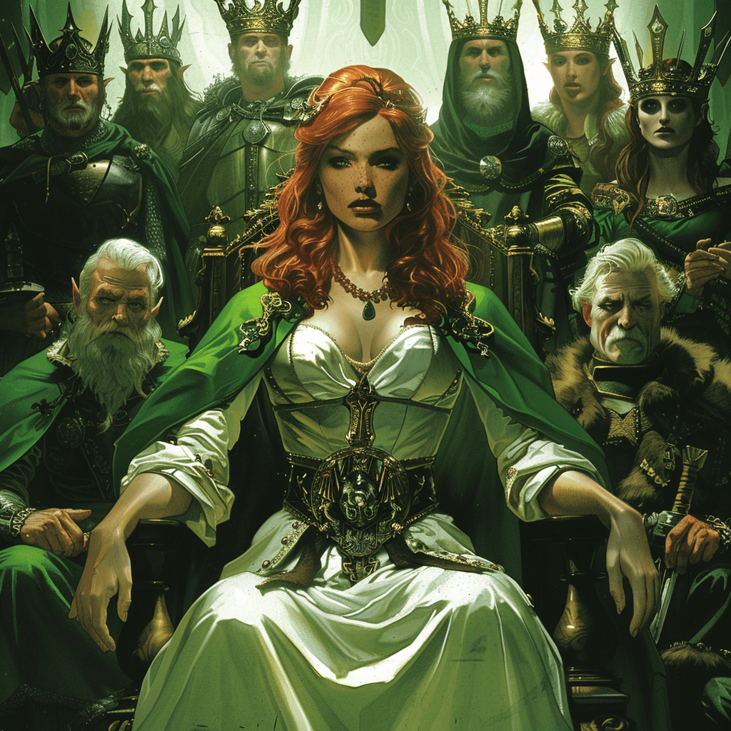 AI generated: A redhaired princess in white and green sits on the throne, she is surrounded by men with crowns, ag...
