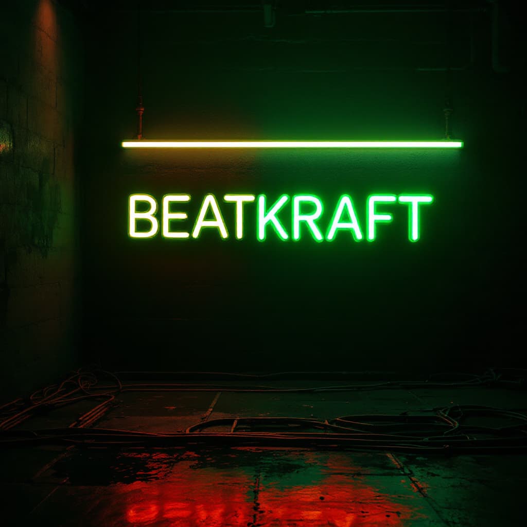 AI generated: hyper realistic dark green tube light writing in a bright industrial bar with the text - BEATKRAFT