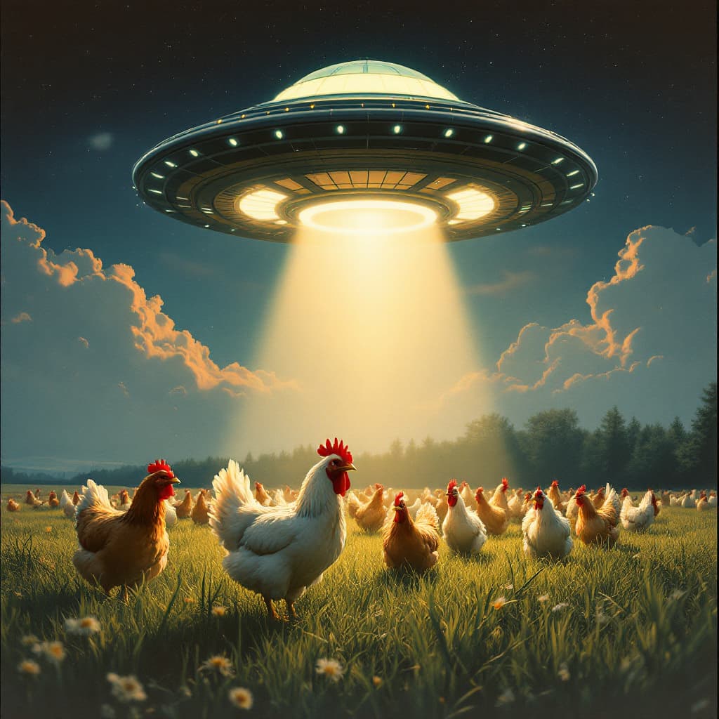 AI generated: A large flying saucer shines down light on chickens running around in the field, in the style of vin...