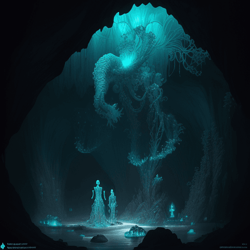 AI generated: creature in a cave, bioluminescent bioluminescent translucent translucent : : by michal karcz, danie...
