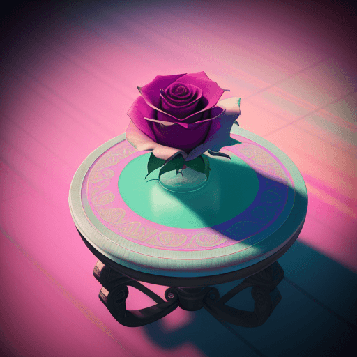 AI generated: octane render, vapor wave photo of a rose laid down on a table, wide varieties of colors, arial view...