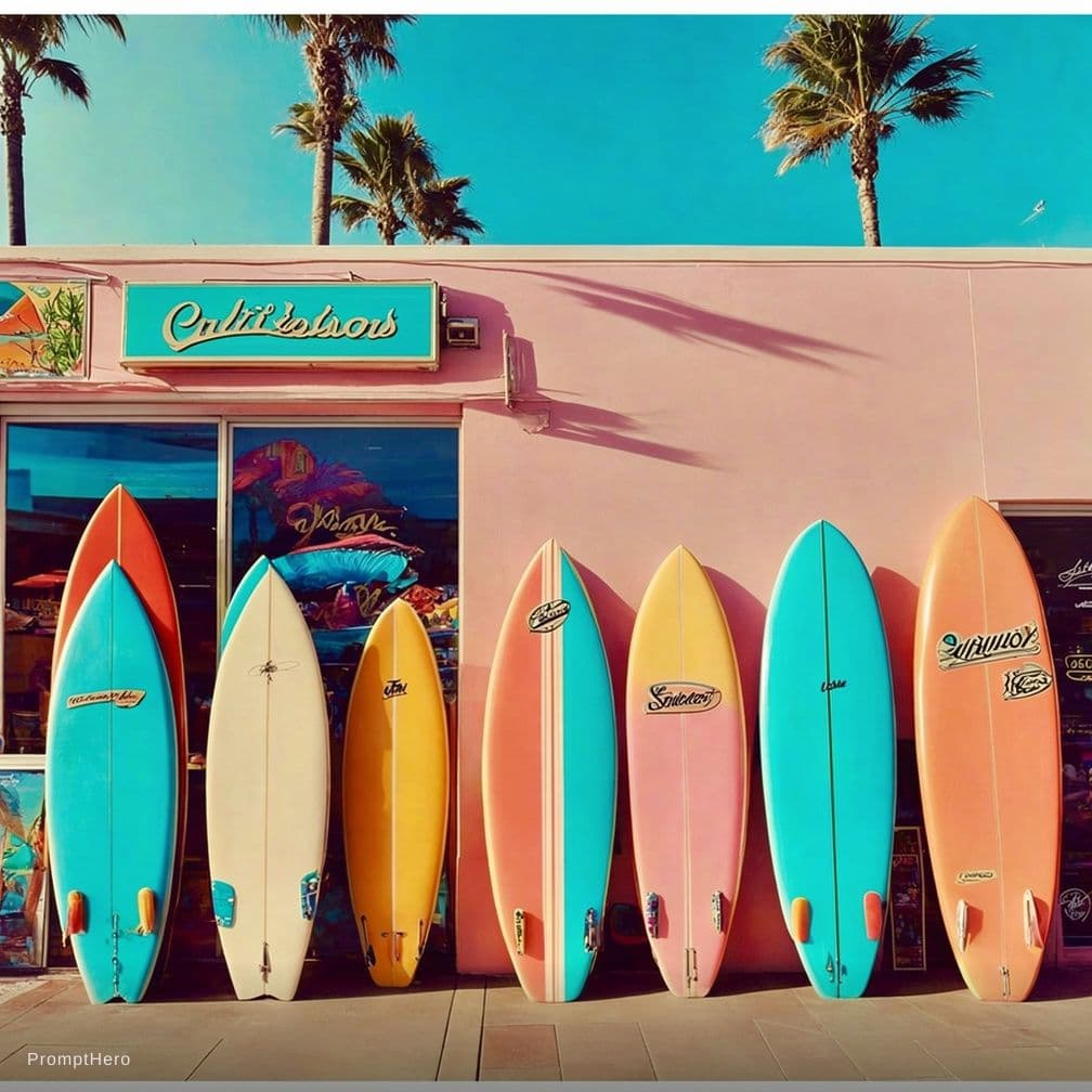 AI generated: "A pastel pink beachside shop with a turquoise sign, seven colorful surfboards lined up outside in r...
