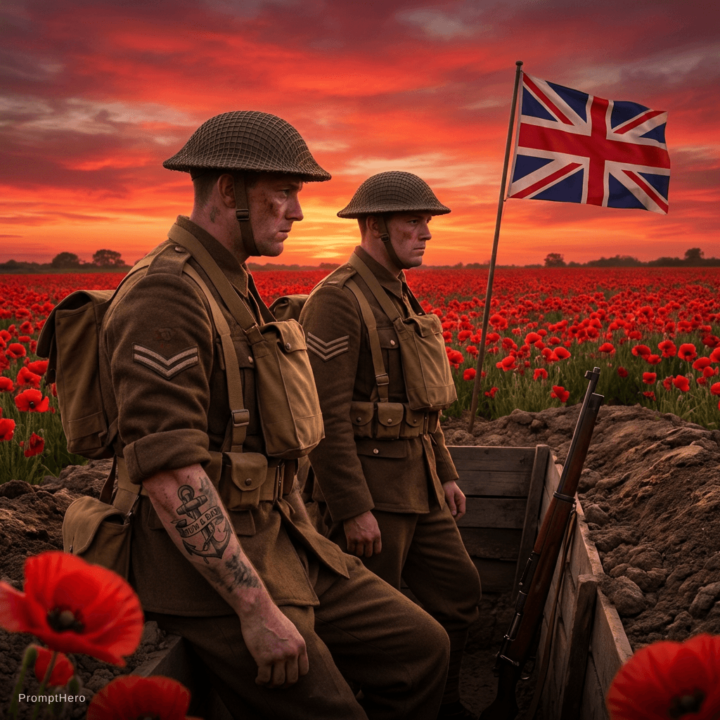 AI generated: World war 2 Tommy soldiers, poppy fields, red sky, union jack 