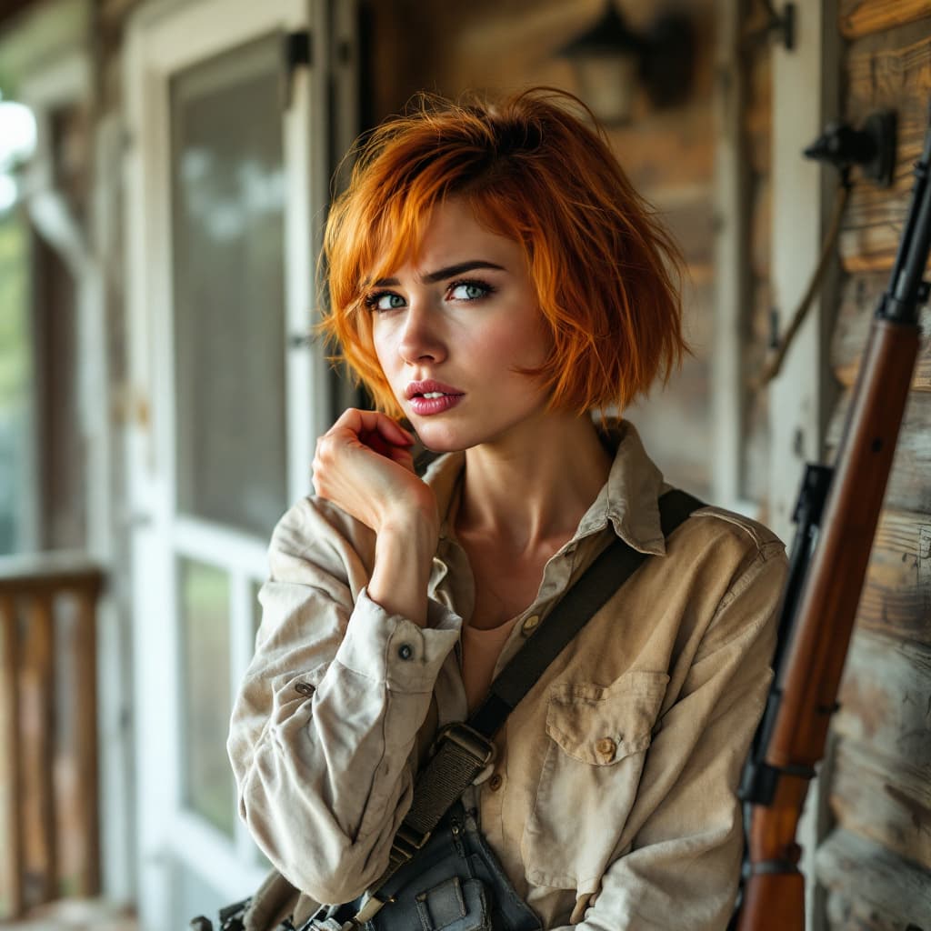 AI generated:  26 years old pretty female with orange bob hair, scratching her left elbow with her right hand:3, s...