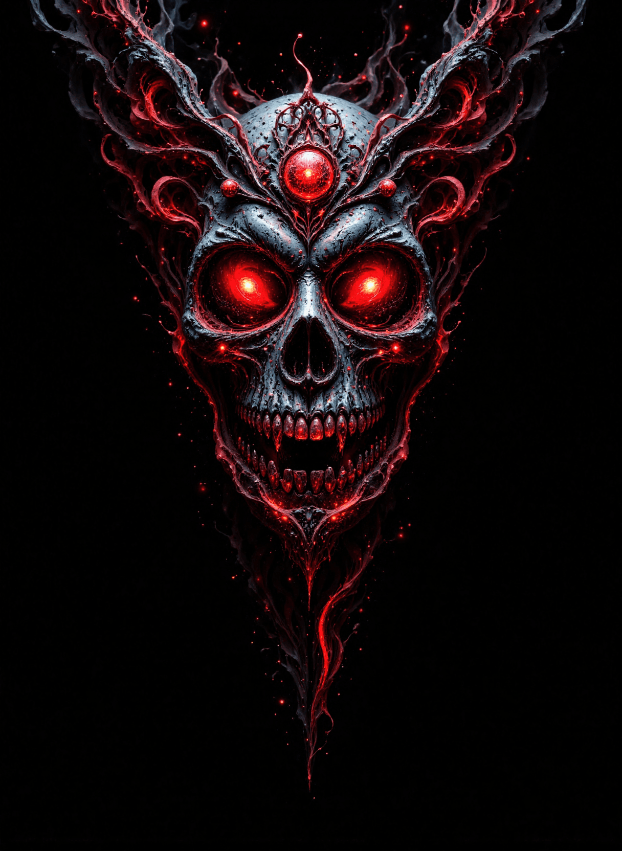 AI generated: The image depicts a highly detailed and ornate skull mask made of red and gray crystal-like material...
