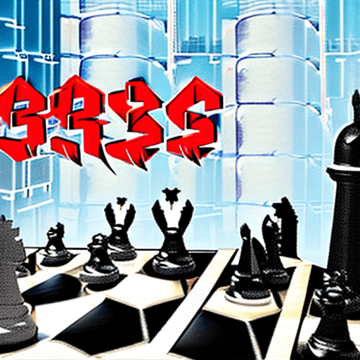 AI generated: Digital artwork of a fantastical chess game set in the foreground with a towering dark knight and a ...