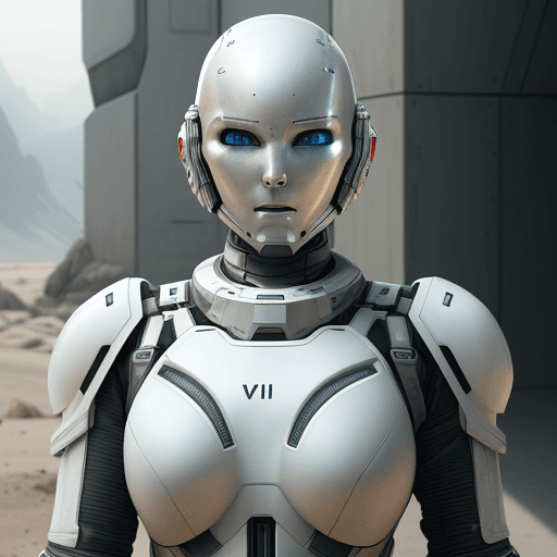 AI generated: white sci-fi female armor with cybernetic helmet, full armor, insulated armor, spacesuit, bald head,...