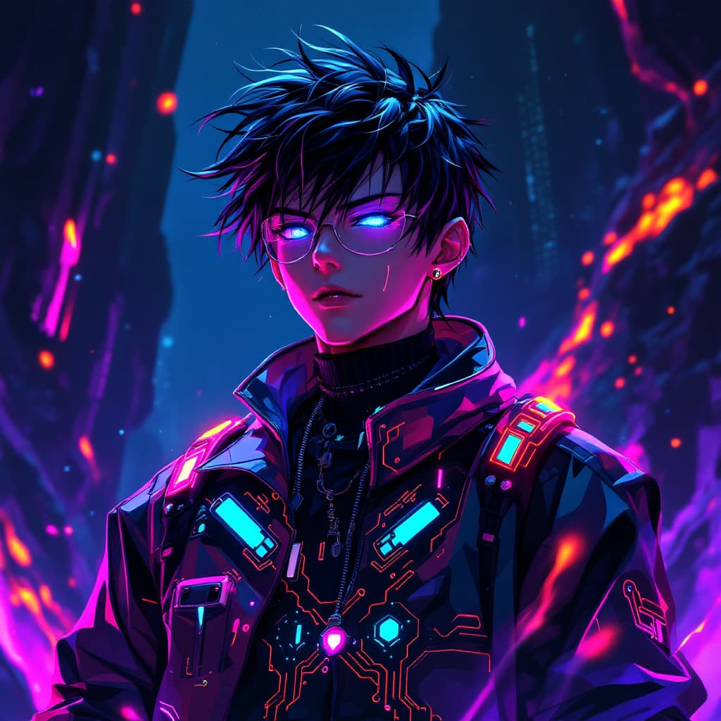 AI generated: A highly detailed anime illustration of a 3D-styled boy with an androgynous face, piercing blue eyes...