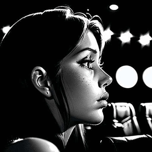 AI generated: 

Close up of side view of attractive woman with lips parted watching a movie in a dark movie theate...