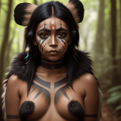 AI generated: High resolution photography Image of a young indigenous woman, with face paint, black hair, brown bi...