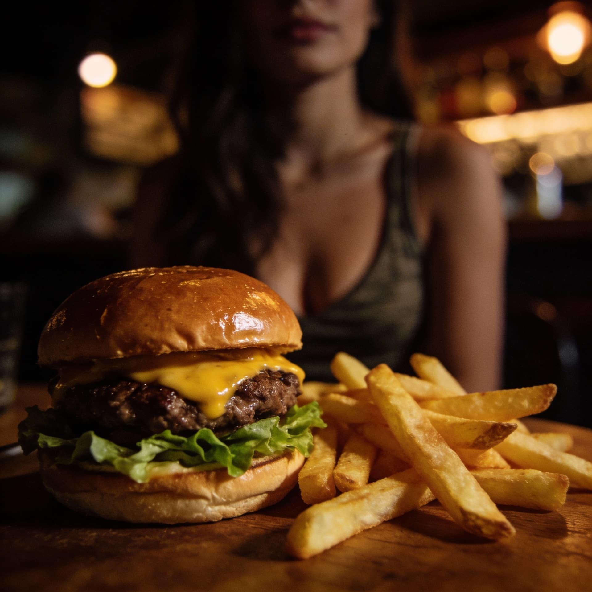 AI generated: close up of a cheeseburger and French fries on a table in a restaurant, a woman in the background we...