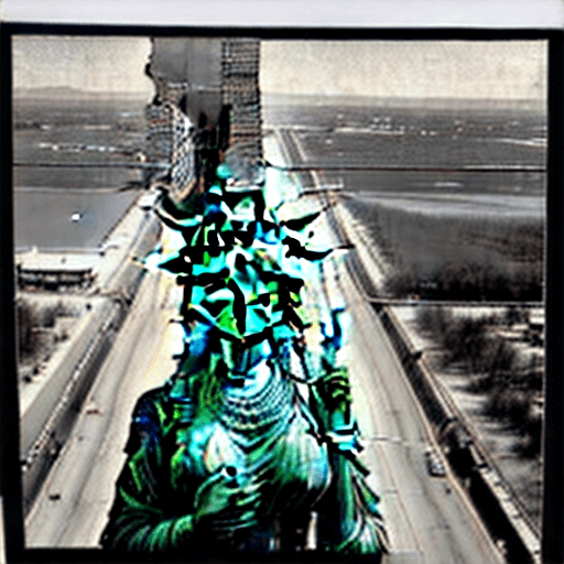 AI generated: A vintage photo patriot portrait shows, the Statue of Liberty building the border wall, at scale, wi...