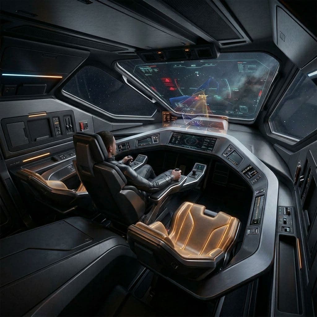 AI generated: Use the Reference Images to imagine, in detail, a Spacecraft 'C-shaped' Bridge design. Show Change i...