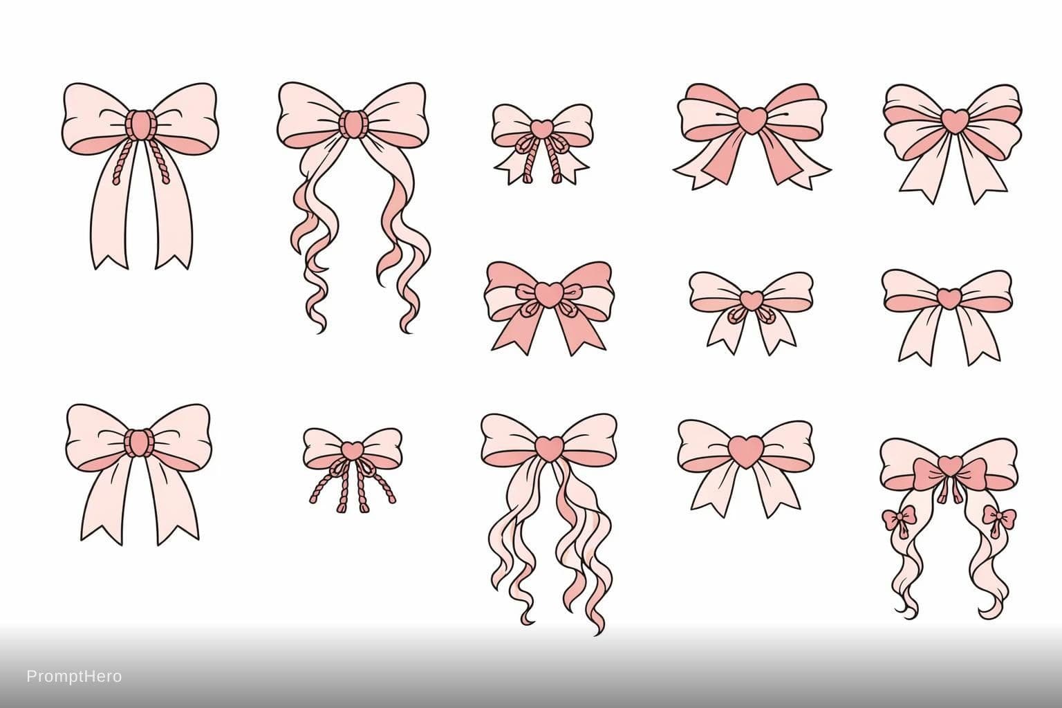 AI generated: Create a super clean vector-ready coquette bow clipart set on pure white background, exactly 10 dist...