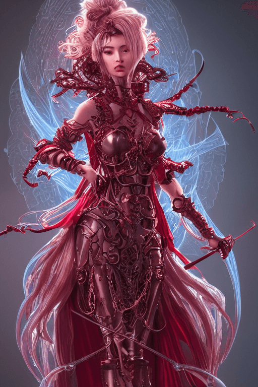 AI generated: highly detailed cdpr character design of armor witch 8 k metahuman, hajime sorayama, red long wavy r...