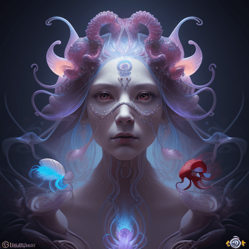 AI generated: Goddess close-up portrait ribcagel. jellyfish phoenix head, nautilus, orchid, skull, betta fish, bio...