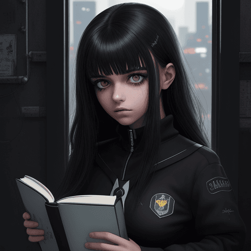 AI generated: Una hermosa joven de cabello negro, vestida con uniforme escolar, con traje cyberpunk, se sienta ant...