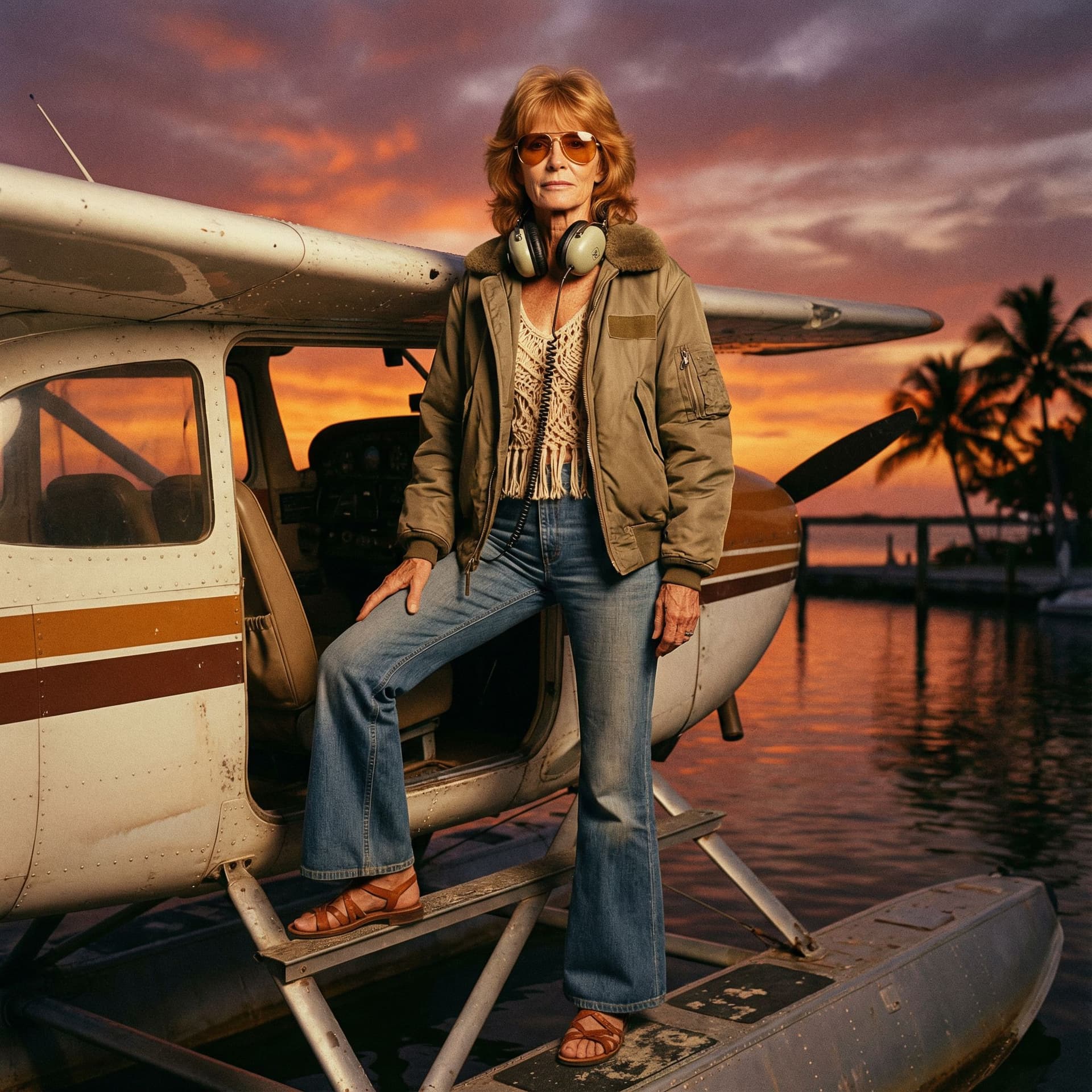 AI generated: ((full body)) image of a tall ((thin)), fit, attractive (((older))) 70s ((hippy)) rocker woman ((mar...
