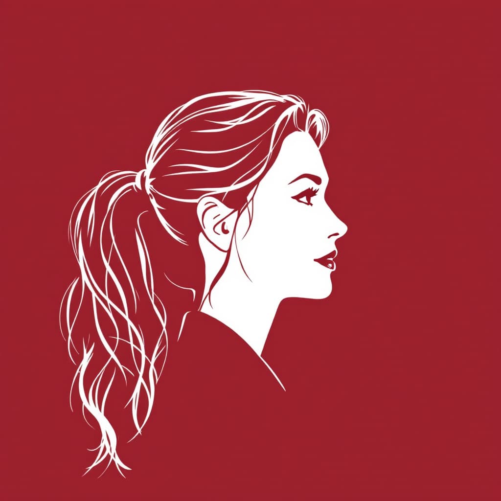 AI generated: illustration, side profile of a middle-aged woman, white silhouette on deep red background, long wav...