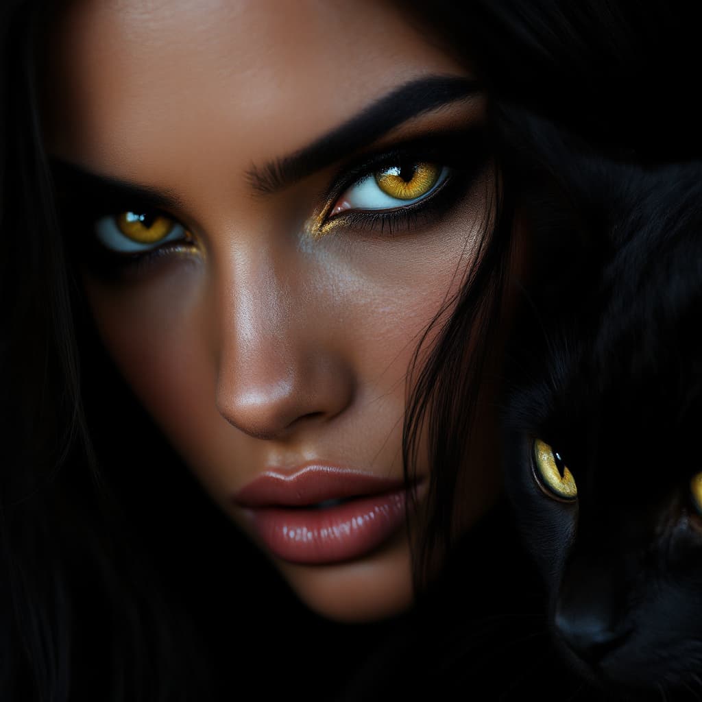 AI generated: Close-up portrait of a dark-haired model with striking features, partially obscured by the head of a...
