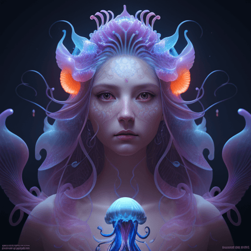 AI generated: Goddess close-up portrait ribcagel. jellyfish phoenix head, nautilus, orchid, skull, betta fish, bio...