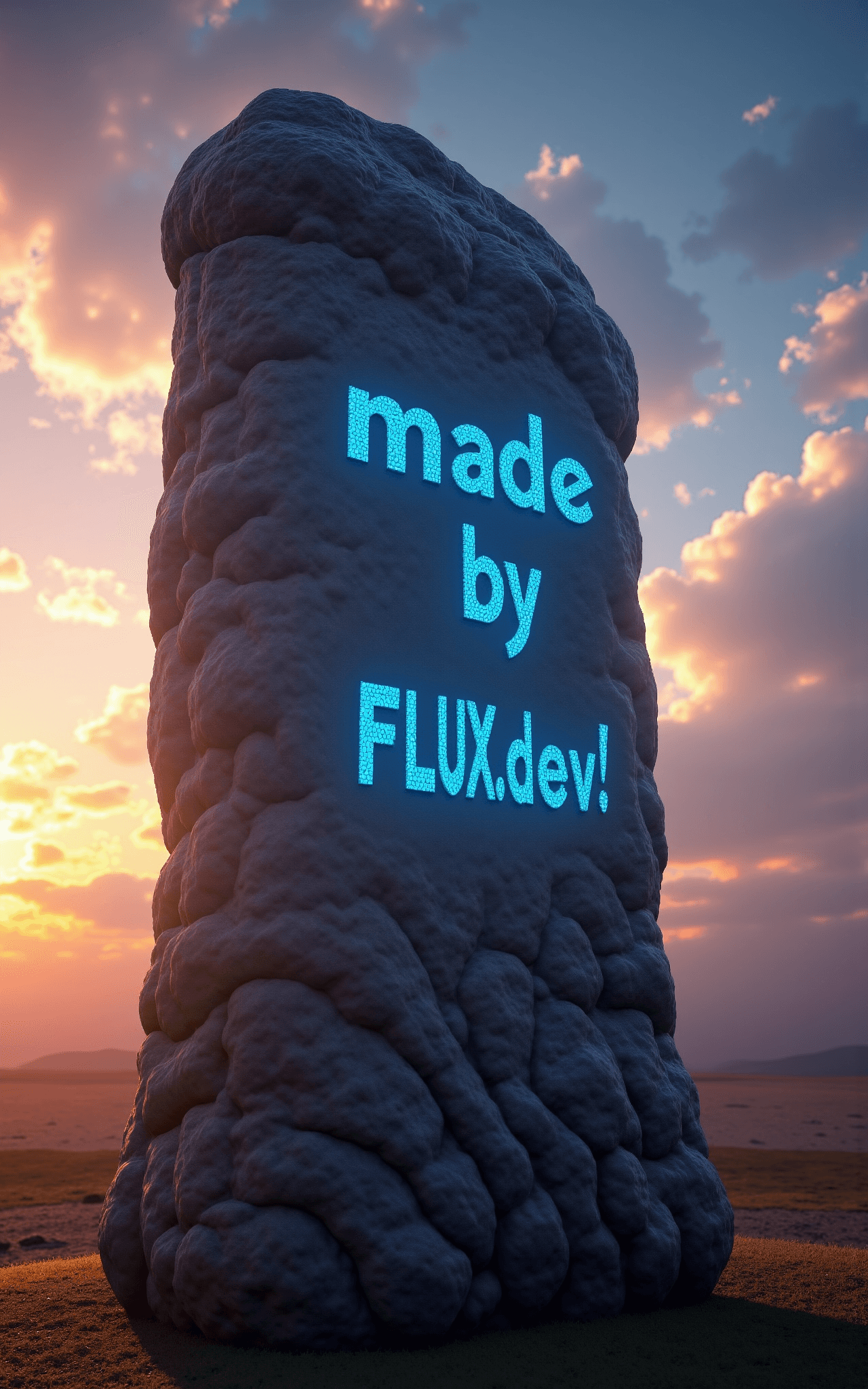 AI generated: intricate detail, (standing stone:1.3) carved with (blue text:1.2) âmade by FLUX.dev!â, very det...