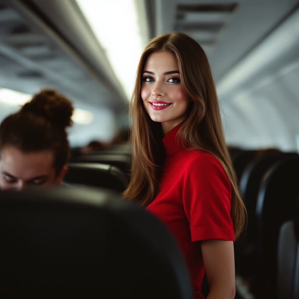 AI generated: photography, flight attendant on board an airplane, full-body shot, red dress, long brown straight h...