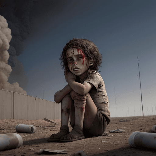 AI generated: wounded child with blood hiding from rockets coming from sky. 