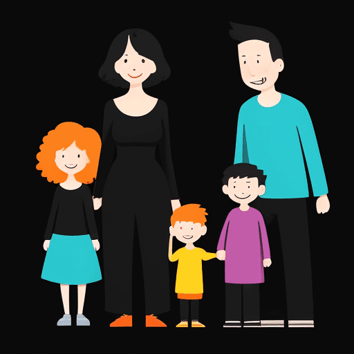 AI generated: illustration art, series of simple, colorful, family, mom, dad, son, daughter, exaggerated, solid-bl...